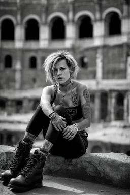 A portrait of a young Italian punk girl. Photo taken in front of the Colosseum. Torn T-shirt, short red skirt, heavy boots, a few tattoos and piercings, colourful teased hair voivod style, sitting pose, 135 mm lens, classic Ilford film, highly detailed skin,