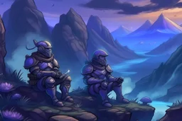 two medieval soldiers in armor sitting near rocks and smoking while looking at distant mountains with purple and blue distant mist and glowing mushrooms and plants around the soldiers