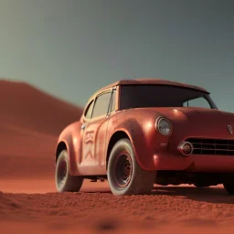 3d rendering. futuristic red car. Buried in desert sand. Lost in Time, cinematic lighting