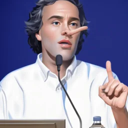 vector illustration 3D man with a 50 centimeter long nose speaking at a lectern with microphone, (((black background))), white, black and red colors