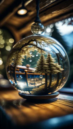 buss inside a boat crystal ball hanging from a tree in the mountain , shot on Hasselblad h6d-400c, zeiss prime lens, bokeh like f/0.8, tilt-shift lens 8k, high detail, smooth render, down-light, unreal engine, prize winning