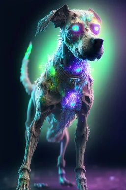 Zombie dog humanoid fused ,extremely detailed,crystal clear, mystical colors ,perfectly centered image, perfect composition, rim light, beautiful lighting, 8k, stunning scene, raytracing