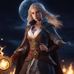 Photorealistic shot of a woman mage at night, her face illuminated by moonlight emphasizing the character's determination:: eye_level perspective