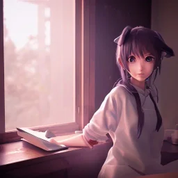 Anime girl studying in room, perfect face, window, nature, anime style, unreal engine 5, studio lighting