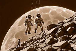 beautiful vintage photography with sepia tones, 1969, on a Hollywood sound stage, two men in astronaut suits suspended by wires on set of a rocky moon, being filmed by a director with film reel cameras, long shot, high angle, hyper detailed, trending on artstation, intricate details, highly detailed