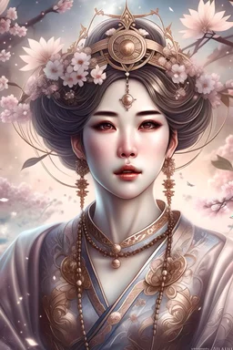 galactic japanese priestess woman detailed beautifull, innocence and gentle face2 with a little smile 2,brown hair brown eyes fine gold lace garments in light blue and pink with ethereal background with cosmic atmosphear and a lot of cherry blossoms, sideral atmoshpere. More light background 2 more pink Cherry blossoms, more gold,