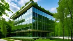 Eco-friendly glass office featuring sustainable building with green environment and trees