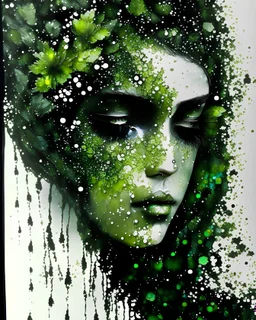 Water colour pouring resin colour gradient Acrylic ink black art white green glittering effect resin art t black Beautiful young faced woman young faced portrait with moss covered green hearess water colour woman portrait adorned with black gladiolus garden. Pándy black daisy black floral. Petunia metallic golden leafing wood filigree water colour art mineral Stone obsidian onix and glittering opál headdress wearing metallic filigree floral embossed ivory carved quartz opal black diamond mineral