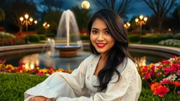 Hyper Realistic Photographic Close View Of Pashto Young Woman [With beautiful eyes beautiful lips and beautiful nose with Age 24 and beautiful long black hair] Happily Sitting and smiling with a dimple, On A Beautiful Green Grass Wearing A Complete Traditional Beautiful White Dress With full White Embroidered Sleeves Inside A Colorful Flower Garden Near A Water Pond With Water Fountain Between The Pond With Artist Street Lamps Surrounding Pond At Cloudy Moon Night, Dramatic & Cinematic Ambiance.