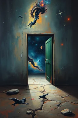 Bosch painting style nightmare, a wall with An open door in a behind the door is another galaxy