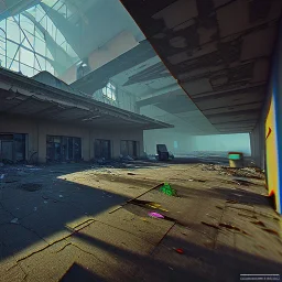 airport , run down, graffiti, vandalized, day time, destroyed buildings , unity, scriptable render pipeline , lighting , volumetric , global illumination, fog.