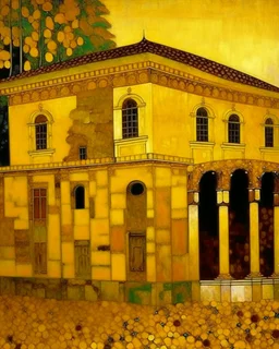 A golden yellow ruins in daylight painted by Gustav Klimt