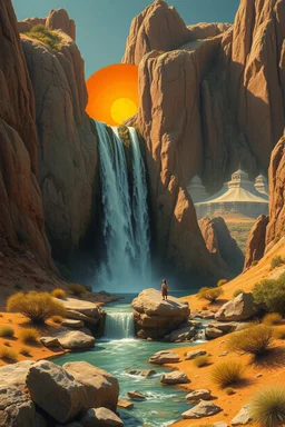 Hieronymus Bosch Style high quality picture waterfall in the desert sunny