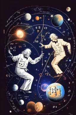 Albert Einstein and Richard Feynman playing with numbers & atoms in outerspace with planets, cosmic gas, stars, moons, and comets dancing around them