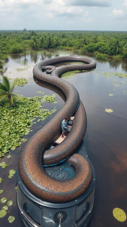 A giant Anaconda snake in the Amazon around a boat with a man on it