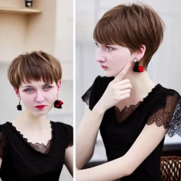 Russian boyish boylike female figure short man's haircut men's face boyish features in black girlish lacy cocktail dress earrings in restaurant