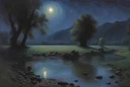 Night, rocks, puddle, mountains, beyond and trascendent influence, philosophic, 2000's sci-fi movies influence, emile claus and friedrich eckenfelder and auguste oleffe impressionism paintings