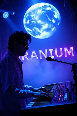 French cool synth player, he is called "Jean-Maurice Brûlée" performing at dance club, his name is "Jean-Maurice Brûlée" , white and blue Neon lights and smog, an earth is projected in background, and "URANIUM" big sign on the wall, he is playing on synthesizers on stage with lot of laser beams and wearing black sunglasses,