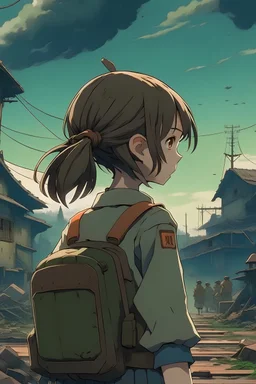 Girl in the middle of war anime Ghibli Facing back