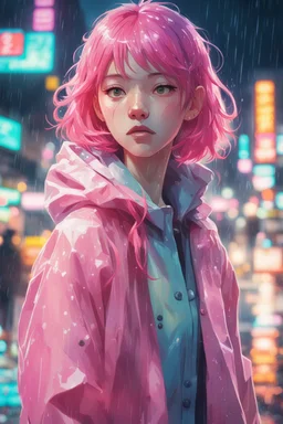 8k photo portrait of a stunning woman with pink hair in a pastel raincoat, looking at the camera, at a bustling crosswalk at night, wet reflections, Highly Detailed, studio ghibli, akira toriyama, james gilleard, genshin impact, trending pixiv fanbox, acrylic palette knife, 4k, vibrant colors