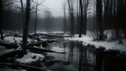 a snowy forest scene, harsh climate, lake, eerie, distant dark soul beings, scary, cold,