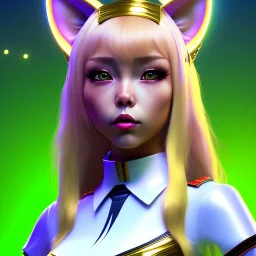 waitress teenager, asian race, cat ears latex headband, rounded face, gold hair, short hair, light makeup, striped shirt, vibrant color, highly detailed, gradient background, concept art, smooth, 16 bit, unreal engine 5, god rays, ray tracing, RTX, lumen lighting, ultra detail, volumetric lighting, 3d, finely drawn, high definition, high resolution.