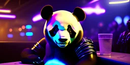 a friendly happy cyborg panda bounty hunter sitting in a nightclub. stylish & ultra detailed . hi-tech . natural tones