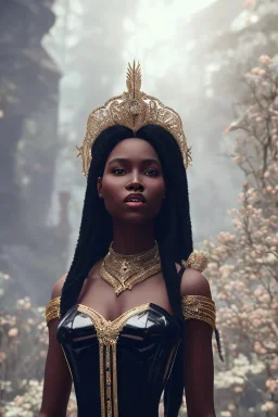 A portrait of a beautiful youthful black woman, wearing a corset, long black hair, wizard, magical, ethereal, Warm bright lighting. Concept art by wlop. Ultra quality 8k.