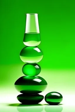 large and small glass balls imitate the silhouette of a person, are on stones, balanced on bamboo stems on top of each other, light green background, bright glow