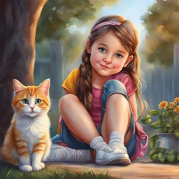 very beautiful realistic cartoon 10 years old girl with cat