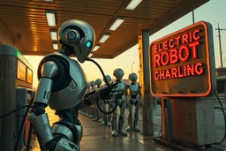 A cinematic wide-angle oil painting of a humanoid robot plugging a thick electric charging cable into its torso port at a futuristic charging station within a retro-style gas station. A long line of identical humanoid robots stands patiently behind, waiting for their turn to recharge. A large vintage-style sign to the side reads 'Electric Robot Charging Station.' The scene is bathed in golden-hour lighting, with rich, noisy colors, expressive thick brushstrokes, intricate steampunk elements, glo