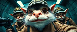 airbrush and pen outline, french art , extreme close up on cheeky fluffy weasel hairy goblin military prison guard news anchor elf family scumbag in the style of Escher and Giger and Fallout 4, pinhole cam, airbrush 3d rendering