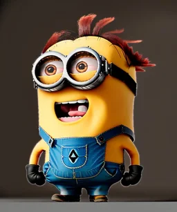 Minion toddler, steampunk, full body, red hair, leather jacket, dramatic lighting, hyper realistic