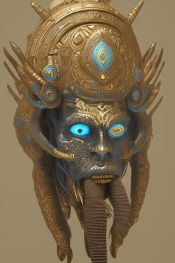 Aztec male African Egyptian alien, cracks in the voodoo head, wicked, eyes, crown, Elephant, 8k, finely detailed, photo realistic, tiger turquoise skull head gold dragon space alien snow skeleton gold hornytoad silver crown silver eyes