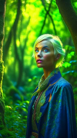 professional photography, natural lighting, volumetric lighting maximalist photoillustration: by marton bobzert: 8k resolution concept art intricately detailed, complex, elegant, expansive, fantastical, Modern, 2020s, detailed cinematic shot from, realistic cinematic scene, female aasimar cleric: 20 year old: short blonde hair: forest geen eyes pale skin: hailo above head: 8k resolution photorealistic masterpiece: by aaron horkey and jeremy mann, full body shot of showing detailed intricate work