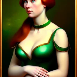 oil Portrait of a redhead beautiful busty voluptous adult woman with emeralds collar green sad eyes looking to viewer by GRANT WOOD Ingres 8k