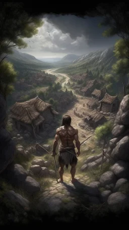 Busch nightmares paining style, thin line draw ,Title:a giant man looks like a hero holding a sword , a top view of a Stone Age village , 8k artistic photography, photorealistic concept art, soft natural volumetric cinematic perfect light, chiaroscuro, award-winning photograph, masterpiece, oil on canvas, Raphael, Caravaggio, Greg Rutkowski, people, beksinski, Giger