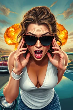 an young woman leaning forward(cropped tightly from between nose and stomach, white top with wide neck opening, cleavage, hands at side of face, with surprised expression, home alone scream, wavy hair, large cheep sunglasses), nuclear explosion and 1950s Cars in background, greaser, digital painted illustration