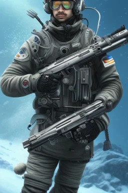 diver like a aggressive snow man,with the gun,hi quality detail,hi quality textures,cinematic,realistic,