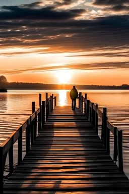 imagen panorámica de un muelle al atardecer con aire nostálgico y una persona que parece estar esperando hace rato a alguien que aun no llega