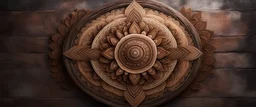 Hyper Realistic Beautiful brown Mandala art on a dark rustic wall