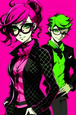 persona 5 style background and pink green character