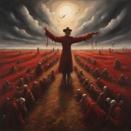 wide angle long shot of scarecrows in Rapture being pulled upwards from fallow field toward the heavens, dramatic, horror, by Nicola Samuri, 2D loose stroke oil painting, scary crimson hues