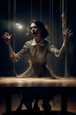 a digital image of a woman seated on a table, she is connected to string like a puppet, arms in air, moved by the strings, puppet like features in the face, beautiful face, looks desperate to break free, behind her is a huge image of a man holding the strings, creepy character,.zoomed in, dark and shadowy background with selective lighting on the woman