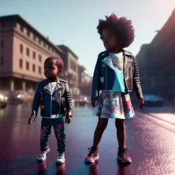 Zaire beetz toddler, full body, leather jacket, floral shirt, floral skirt, Nike sneaker, soft skin, city background, dramatic lighting, hyper realistic