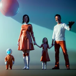 Ultra Realistic classic family portrait, living room. father. mother. daughter. alien pet. Little flying sphere drone. retro futuristic, minimal style, latex dress. smile, happy. highly detailed, concept art, unreal engine 5, ray tracing, RTX, lumen lighting, ultra detail, volumetric lighting, 3d, finely drawn, high definition, high resolution.