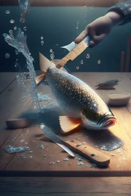 fish with hands and fingers, down in the sparkly water, producing a wooden table and a big knife, 3d rendering, depth of field