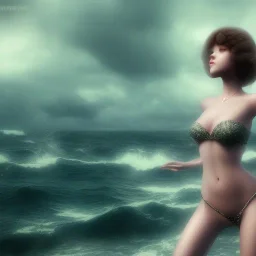 Aaron Carter with sexy Clara Bow, stormy seas, two people, Aaron Carter, romance, romantic, water, swimming, DAZ3D, by Michael Turner, soft lips, cinematic lighting, studio lighting, shine, 4K, fantastic view, girls at beach with her.