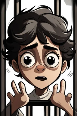 un nene morocho , con flequillo ondulado, detrás de unas rejas, agarrando las rejas con las dos manos, con ojos grandes con una mirada pidiendo súplica