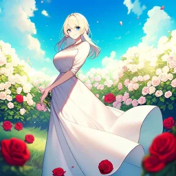 gorgeous anime girl wearing a yellow and white dress ,standing in a meadow of flowers, spreading rose pedals on the ground. beautiful eyes and a stunning smile, blue eyes